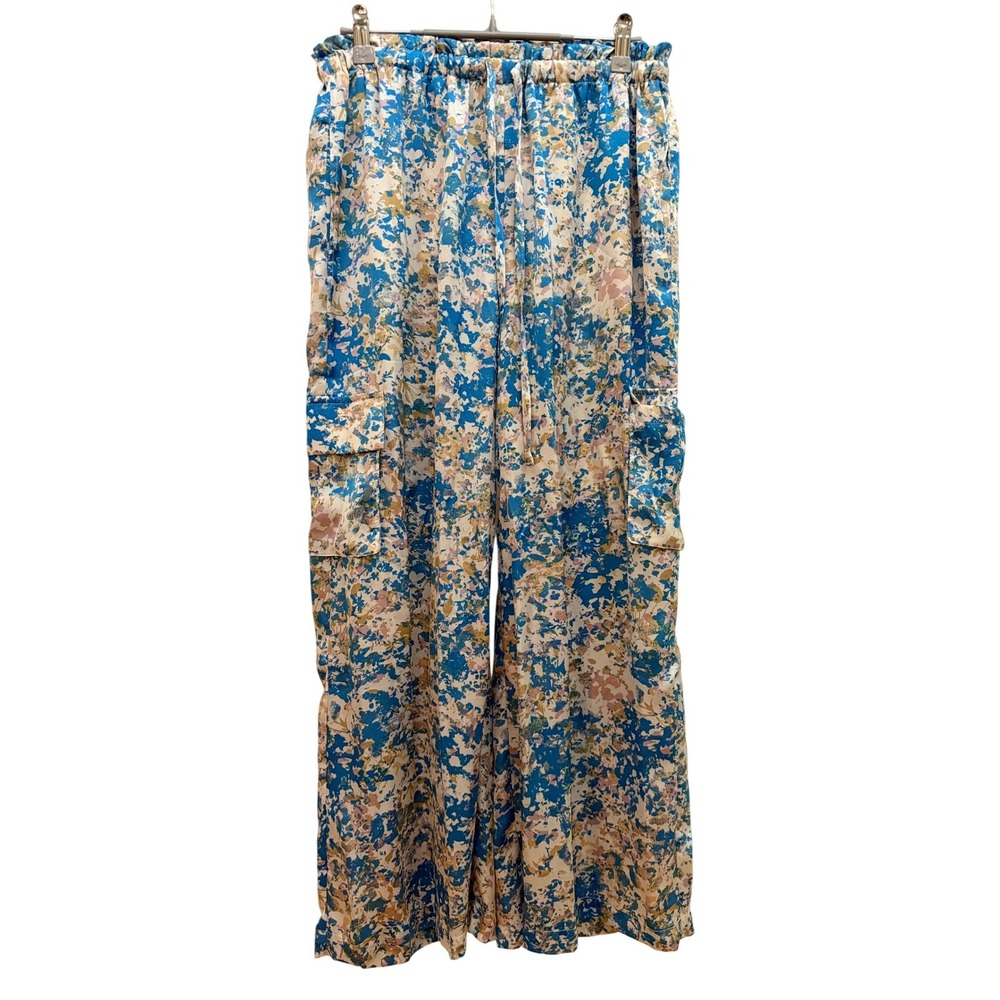 Mystree Anthropologie Blue Floral Wide Leg Pants Elastic Drawstring M Coastal